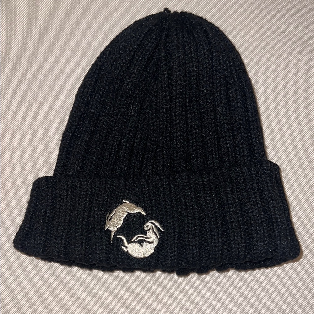 Black Knit Beanie with Embroidered Bunnies Design